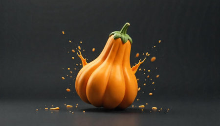 Elegant orange pumpkin with juice splash on dark backdropの写真素材