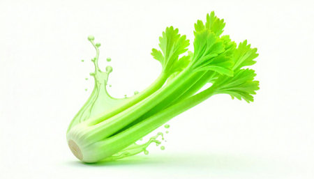 Fresh celery stalk with juice splash on white backgroundの写真素材