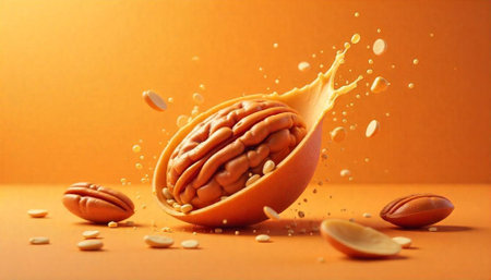 Pecan nut splash with halves and orange background