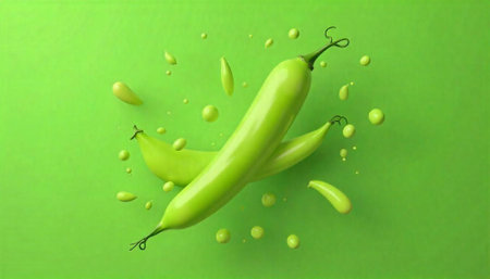 Green peas exploding into a vibrant monochromatic sceneの写真素材