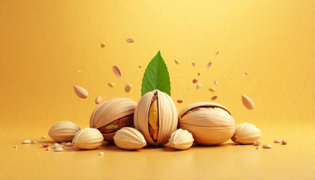 Creative pistachio nut arrangement with flying pieces on orange background