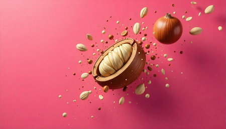 Cocoa pod and beans floating in air against pink backdrop