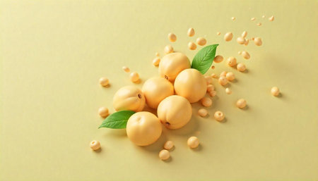 Creative fruit arrangement with small spheres on yellow surface