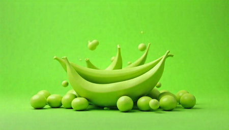 Green monochrome bananas and spheres still life arrangementの写真素材