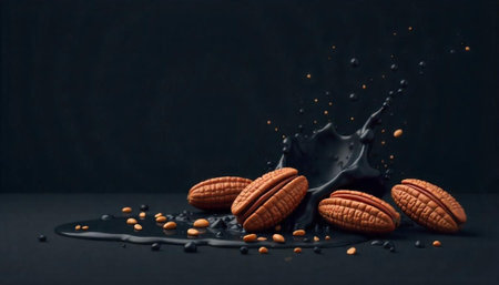 Artistic pecans with splashing black liquid on a dark background