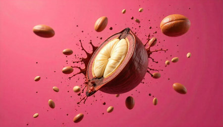 Sliced Cocoa Fruit with Beans on Pink Background