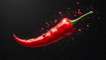 Vibrant red chili pepper with floating droplets on black background