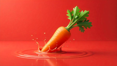 Vibrant carrot plunges into liquid creating ripple effect