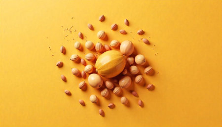 Melon and melon seed arrangement on monochrome golden backgroundの写真素材