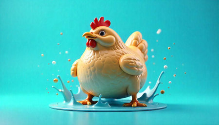 A cartoon chicken standing in splash on blue backdrop