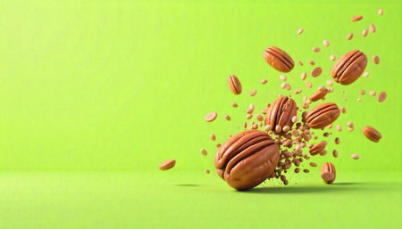Pecans and grains dynamically floating on vibrant green backgroundの写真素材