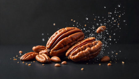 Pile of pecans on a dark surface with water droplets