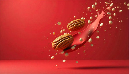 Pecan nuts splash with milk on vibrant red backgroundの写真素材