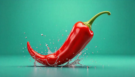 Vibrant red chili pepper splashing in water on turquoise backgroundの写真素材