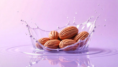 Pecans falling into pale violet liquid, splash and ripplesの写真素材