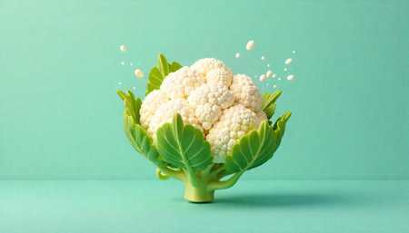 Fresh cauliflower on a teal surface with water dropletsの写真素材