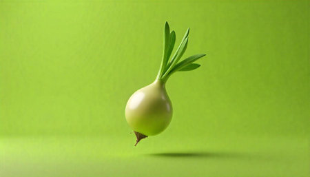 Sprouted onion bulb levitating on green background representing springの写真素材
