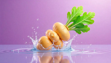 Fresh root vegetable with vibrant green leaves splashing in water