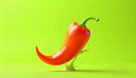 Vibrant red bell pepper with splashes against green backgroundの写真素材