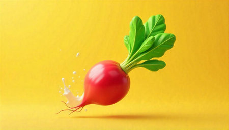 Vibrant radish splashing in milk against yellow backdropの写真素材