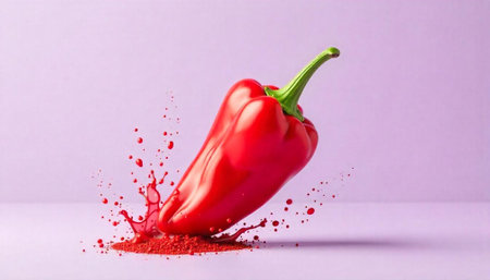 Red pepper with splashing paint on a purple background