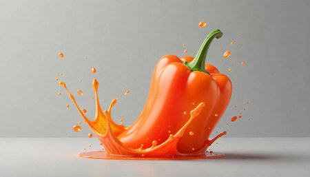 Vibrant orange bell pepper with juice splash on grey