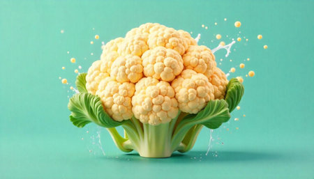 Fresh cauliflower with water droplets against a vibrant backdropの写真素材