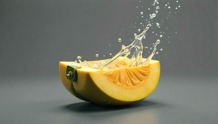Fresh melon half with a burst of sparkling waterの写真素材