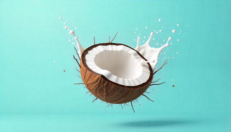 Coconut splash on teal background showcasing freshness and purityの写真素材