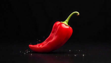 Single shiny red chili pepper against a dark backgroundの写真素材