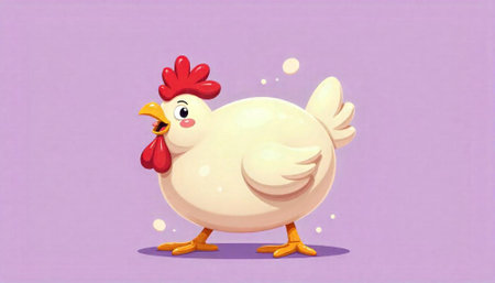 Cute cartoon chicken character on a soft purple backgroundの写真素材