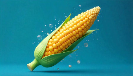 Isolated fresh corn cob with water droplets on blueの写真素材