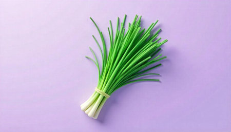 Fresh chives bunch against light purple background overhead shotの写真素材