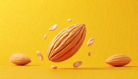 Almonds with sliced pieces floating in a yellow backgroundの写真素材