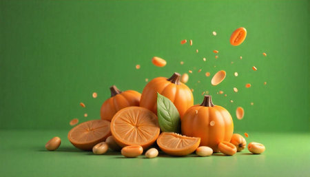 Pumpkins and sliced oranges on green with floating pieces
