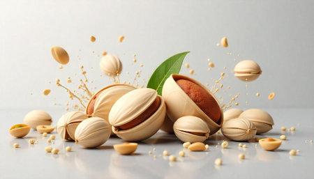 Elegant pistachios arrangement with splash elements on a bright surface