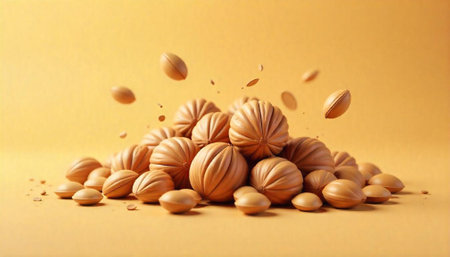 Pile of stylized light brown pumpkins with floating seeds