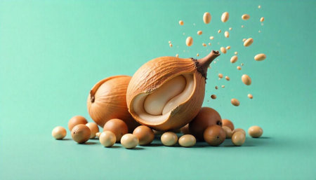 Tropical seed with liquid and seeds on plain background