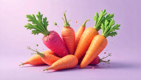 Stylized carrots with green leaves against a light purple backdropの写真素材