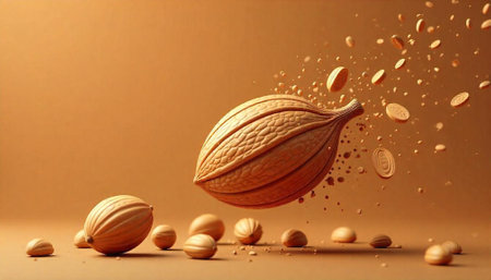 Cardamom pods in dynamic composition with falling spice pieces