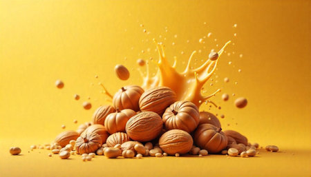 Nuts and miniature pumpkins with exploding liquid on yellow backgroundの写真素材
