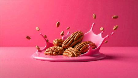 Pecans splash on pink liquid background studio shot