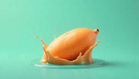 Papaya in milk splash, isolated on green background. Copy space