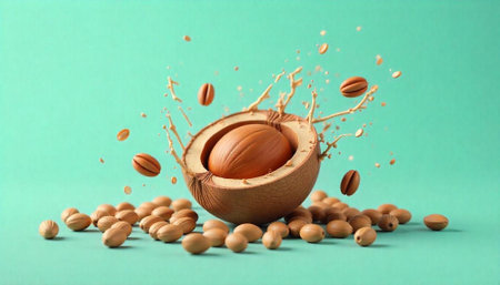 Argan nut explosion with splash on light green background
