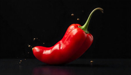 Single red chili pepper with specks against black backdrop