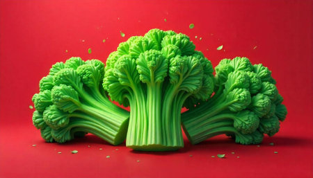 Fresh broccoli florets on a vibrant red backgroundの写真素材