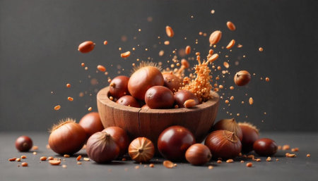 Chestnuts in wooden bowl with flying pieces around it