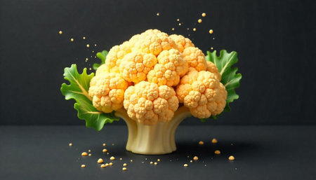 Isolated yellow cauliflower with green leaves on black backgroundの写真素材