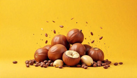 Pile of shea nuts and seeds on yellow background