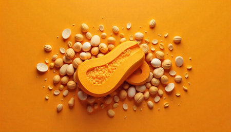 Vibrant still life featuring papaya and assorted nuts